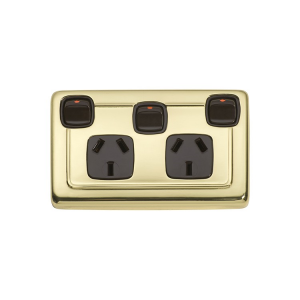 Flat Plate Socket with Rocker Switches - Brown Insert, Polished Brass